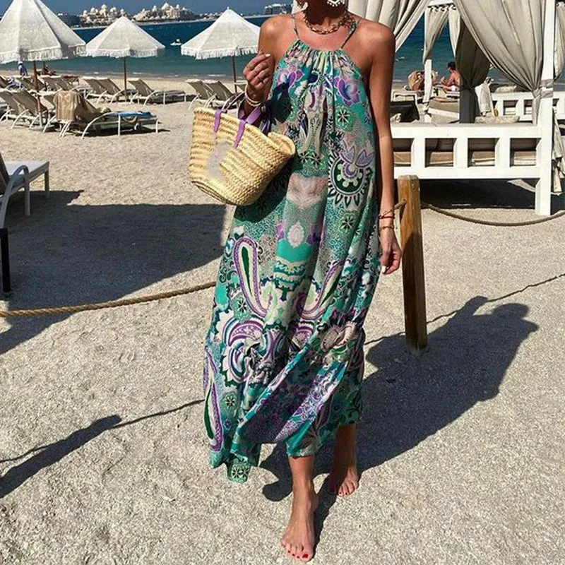 Pattern Print Loose Party Sexy Off Shoulder Hem Sleeveless Halter Beach Floral Elegant Dress