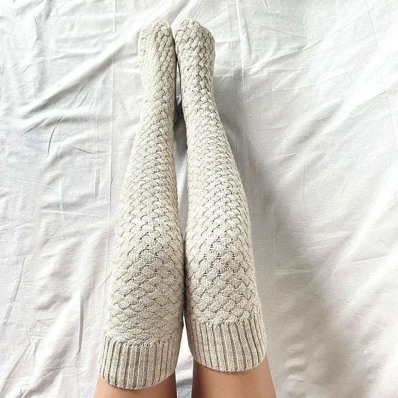 Preppy Style Solid Color Thigh High Textured Knit Socks