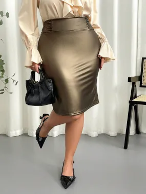 Privé Plus Size Elegant And Sophisticated Commuter High Street Personality Party Mesh INS Style Party Collegiate PU Waist Pleated Design Bodycon Knee-Length Skirt