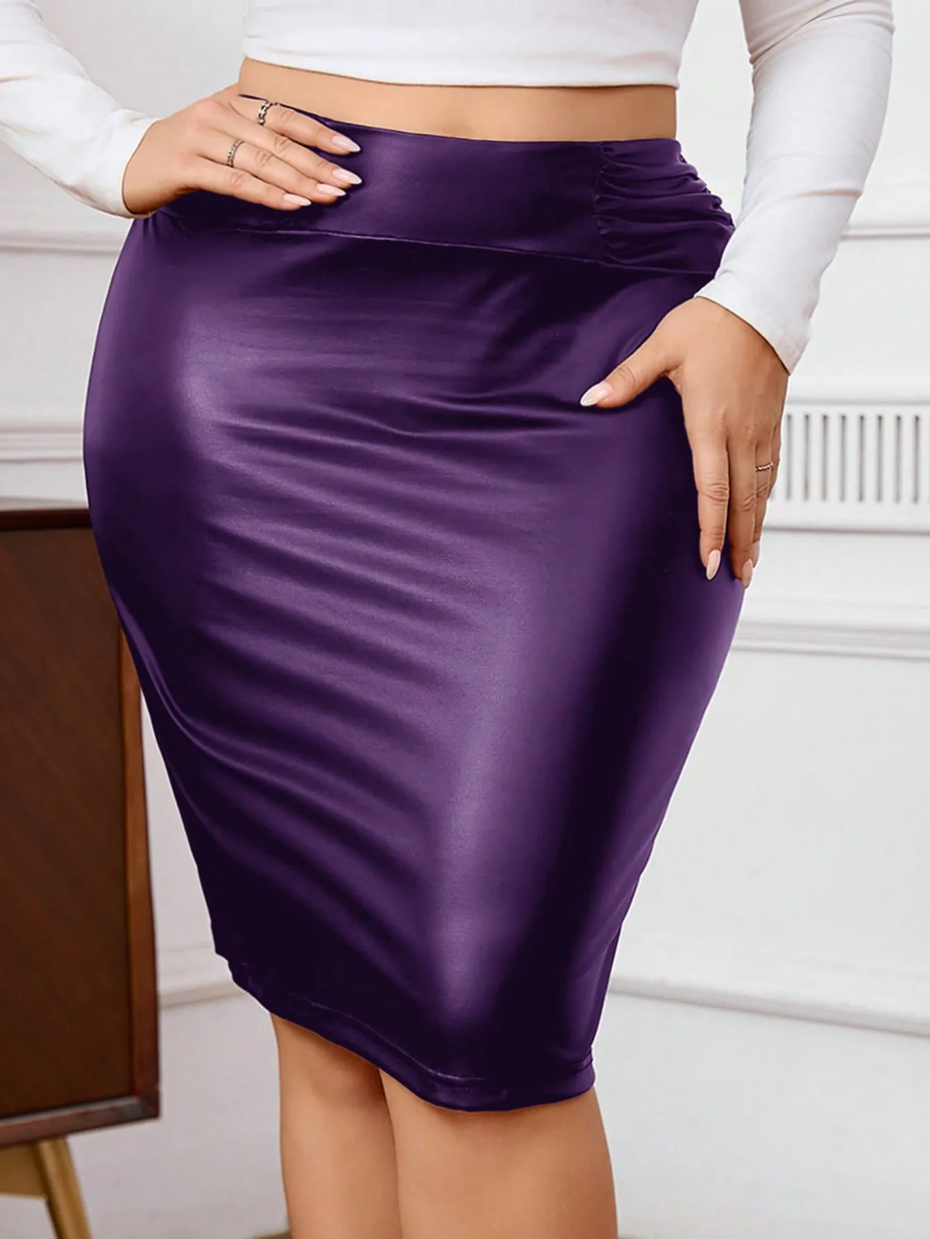 Privé Plus Size Elegant And Sophisticated Commuter High Street Personality Party Mesh INS Style Party Collegiate PU Waist Pleated Design Bodycon Knee-Length Skirt