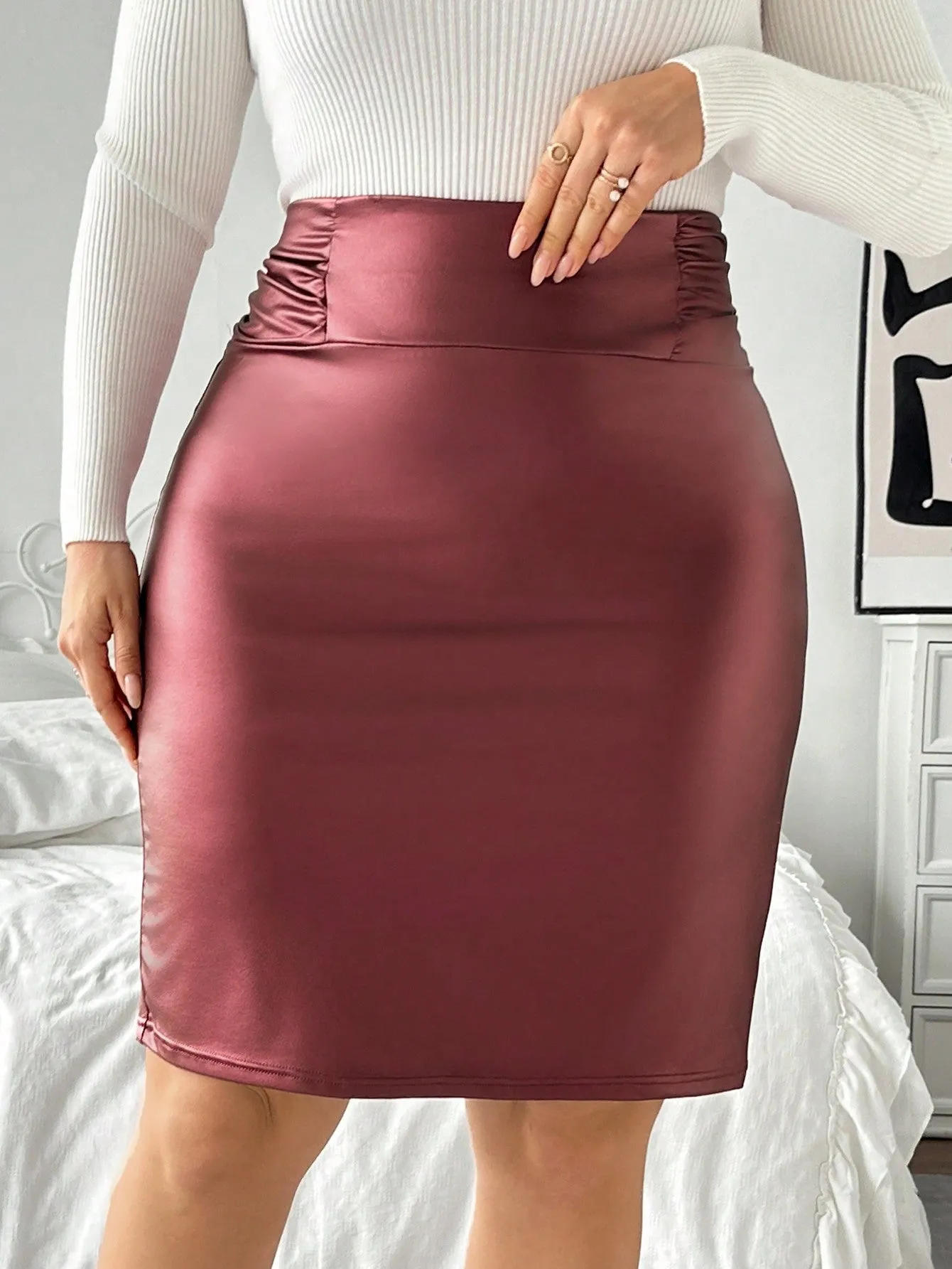 Privé Plus Size Elegant And Sophisticated Commuter High Street Personality Party Mesh INS Style Party Collegiate PU Waist Pleated Design Bodycon Knee-Length Skirt