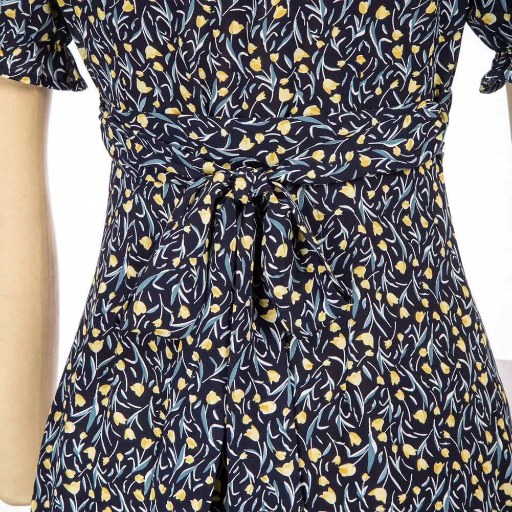 Seckill Offer⌛Vintage Floral Dress Short Sleeve V-Neck Front Slit A-Line Dress