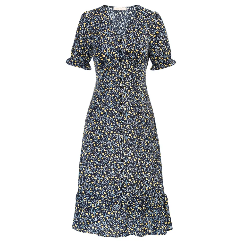 Seckill Offer⌛Vintage Floral Dress Short Sleeve V-Neck Front Slit A-Line Dress