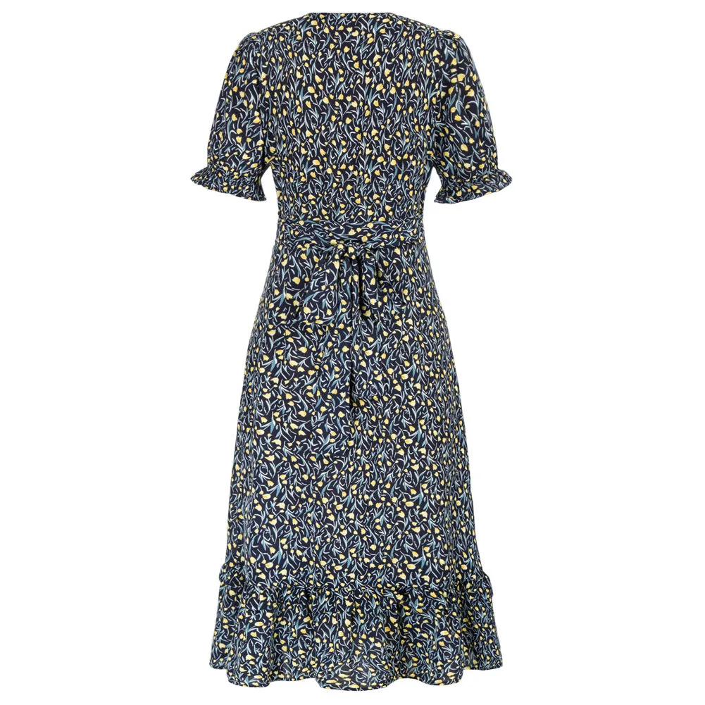 Seckill Offer⌛Vintage Floral Dress Short Sleeve V-Neck Front Slit A-Line Dress