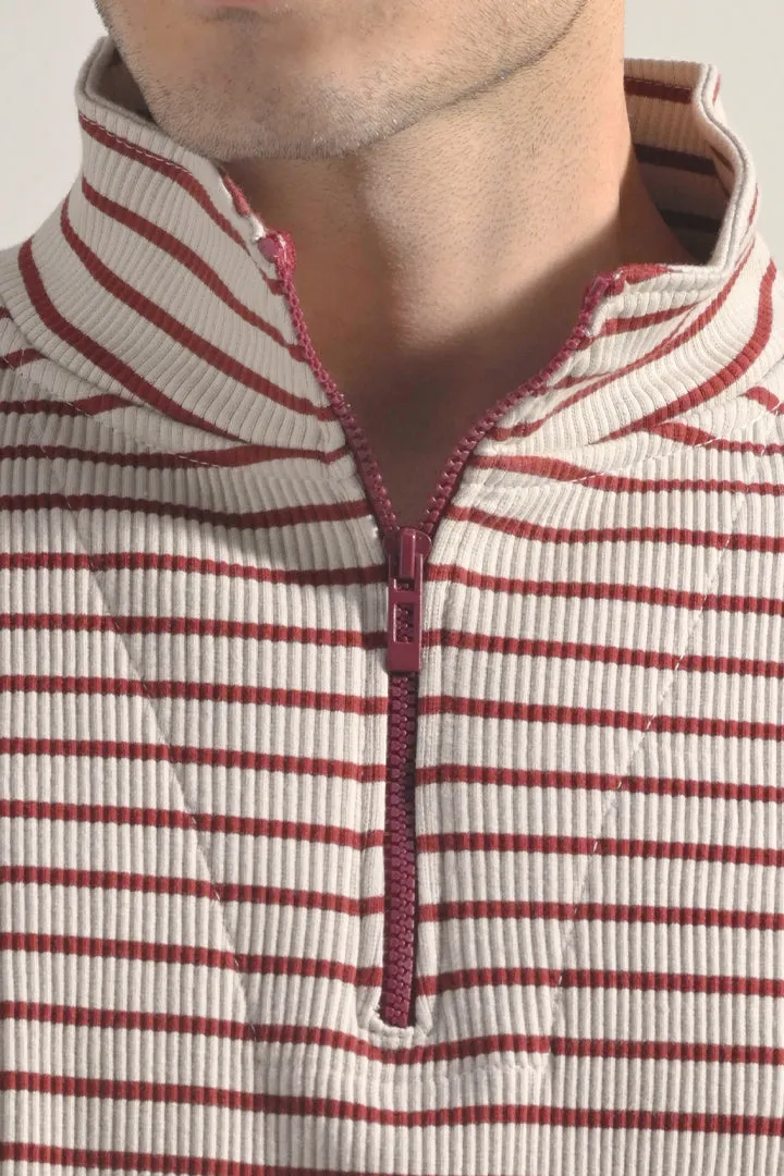 Striped Half Zipper Sweatshirt - Beige