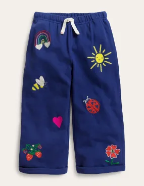 Wide Leg Embroidered Trousers-Starboard Blue